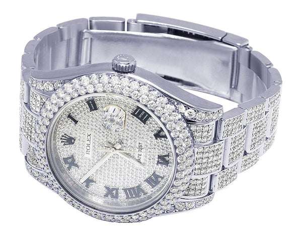 Rolex Datejust VVS Diamond Men Watch, Black 40mm Dial White Gold Plated Stainless Steel Men Watch For Gift, Fully Iced Out Birthday Gift Watch For Him