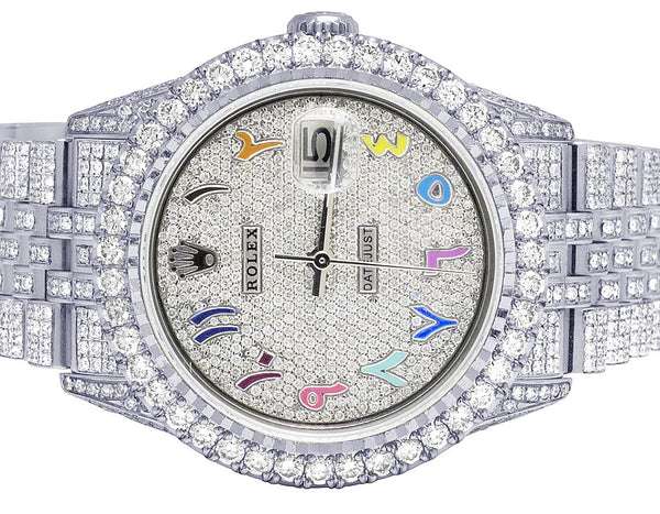 Rolex Datejust Jubilee VVS Diamond Men Watch, 40mm White Gold Plated Stainless Steel Men Watch For Gift, Fully Iced Out Arabic Birthday Gift Watch For Him