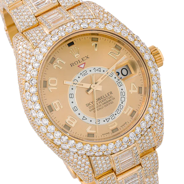 Rolex Sky-Dweller Round & Baguette VVS Diamond Iced Out Men Watch, 41mm Dial Rose Gold Plated Stainless Steel Men Watch For Gift, Fully Iced Out Birthday Gift Watch For Him