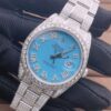 Rolex Datejust Turquoise VVS Diamond Iced Out Men Watch, 41mm Dial White Gold Plated Stainless Steel Men Watch For Gift, Fully Iced Out Birthday Gift Watch For Him