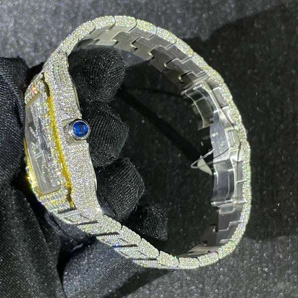 Cartier Skeleton VVS Diamond Men Watch, Stainless Steel White & Yellow Gold Plated Men Watch For Birthday Gift