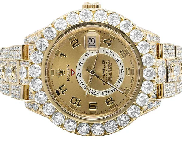 Rolex Sky Dweller Round VVS Diamond Men Watch, Gold 42mm Dial Yellow Gold Plated Stainless Steel Men Watch For Gift, Fully Iced Out Birthday Gift Watch For Him
