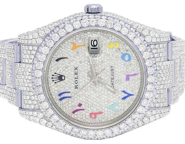 Rolex Datejust Jubilee VVS Diamond Men Watch, Black 36mm Dial White Gold Plated Stainless Steel Men Watch For Gift, Fully Iced Out Arabic Birthday Gift Watch For Him