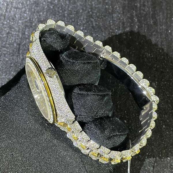 Rolex Daydate Full Iced Out VVS Diamond Watch, Baguette And Round VVS Diamond Wrist Watch For Men, White & Yellow Gold Plated Men Diamond Watch