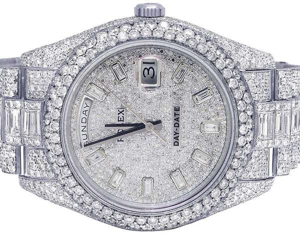 Rolex Datejust Round & Baguette VVS Diamond Men Watch, White 38mm Dial White Gold Plated Stainless Steel Men Watch For Gift, Fully Iced Out Birthday Gift Watch For Him