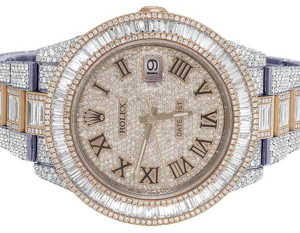 Rolex Datejust Baguette & Round VVS Diamond Men Watch, 40mm Dial Rose & White Gold 2 Tone Plated Stainless Steel Men Watch For Gift, Fully Iced Out Roman Birthday Gift Watch For Him