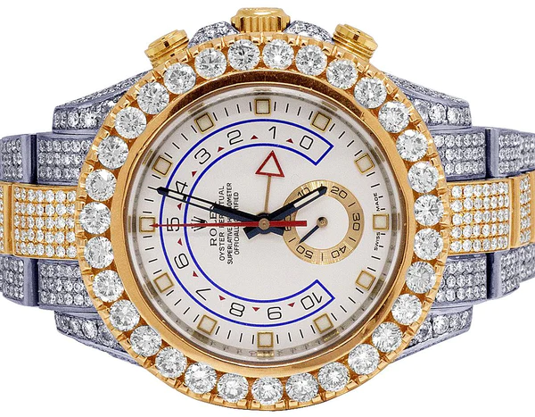 Rolex Yatch Master Round VVS Diamond Iced Out Men Watch, White 42mm Dial Yellow & White Gold 2 Tone Plated Stainless Steel Men Watch For Gift, Fully Iced Out Birthday Gift Watch For Him