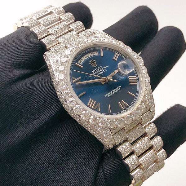 Rolex Jubilee Daydate Blue Dial VVS Diamond Men Watch, 41mm Dial White Gold Plated Stainless Steel Men Watch For Gift, Fully Iced Out Birthday Gift Watch For Him