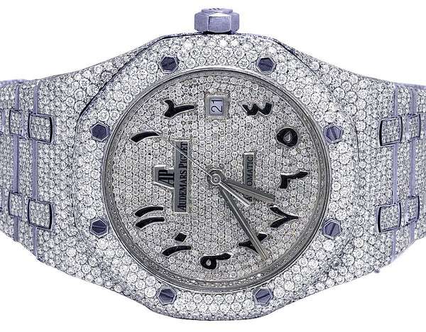 Audemars Piguet Full Iced Out VVS Diamond Men Watch, Stainless Steel White Gold Arabic Font 42mm Men Watch