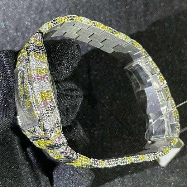 Cartier Santos Rainbow Sapphire VVS Diamond Men Watch, Stainless Steel Black & White Gold Plated Men Watch For Birthday Gift