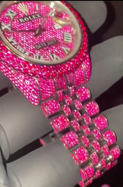 Rolex Datejust Jubilee Pink Sapphire Diamond Men Watch, 41mm Dial Gold Plated Stainless Steel Men Watch For Gift, Fully Iced Out Birthday Gift Watch For Him