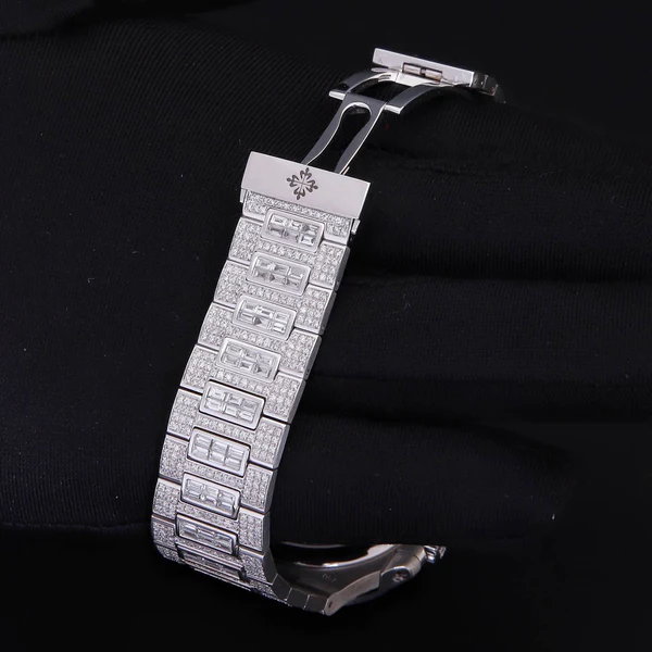 Patek Philippe Geneve Round & Baguette VVS Diamond Men Automatic Watch, White Gold Plated Full Iced Out Men Watch For Birthday Gift