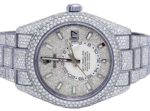 Rolex Sky Dweller Round VVS Diamond Men Watch, 42mm Dial White Gold Plated Stainless Steel Men Watch For Gift, Fully Iced Out Birthday Gift Watch For Him