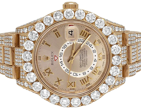 Rolex Sky Dweller Round VVS Diamond Men Watch, 42mm Dial Rose Gold Plated Stainless Steel Men Watch For Gift, Fully Iced Out Birthday Gift Watch For Him