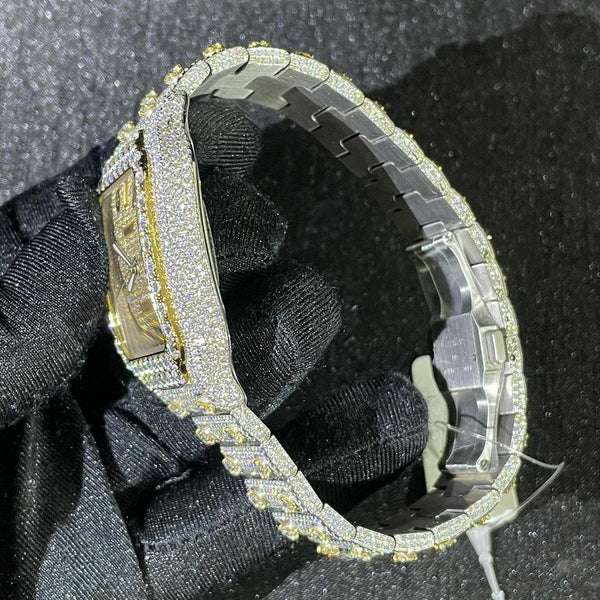 Cartier Santos VVS Diamond Iced Out Men Watch, Stainless Steel 2 Tone Gold Plated Men Watch For Birthday Gift