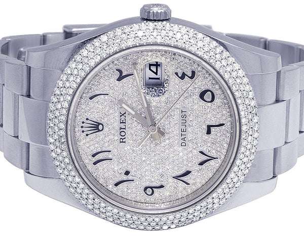 Rolex Datejust Round VVS Diamond Men Watch, White 40mm Dial White Gold Plated Stainless Steel Men Watch For Gift, Fully Iced Out Arabic Birthday Gift Watch For Him