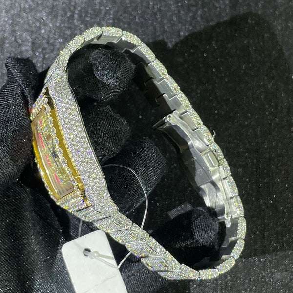 Cartier Santos VVS Diamond Iced Out Men Watch, Stainless Steel 2 Tone Gold Plated Men Watch For Birthday Gift