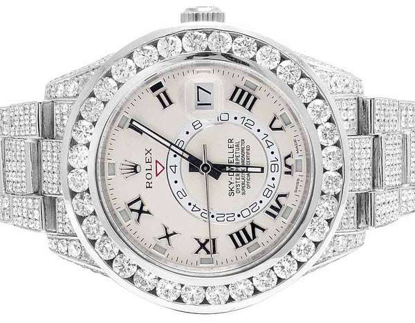 Rolex Sky Dweller Round VVS Diamond Men Watch, White 42mm Dial White Gold Plated Stainless Steel Men Watch For Gift, Fully Iced Out Birthday Gift Watch For Him