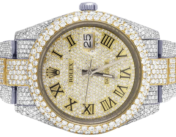 Rolex Datejust Round VVS Diamond Men Watch, 40mm Dial Yellow & White Gold 2 Tone Plated Stainless Steel Men Watch For Gift, Fully Iced Out Roman Birthday Gift Watch For Him