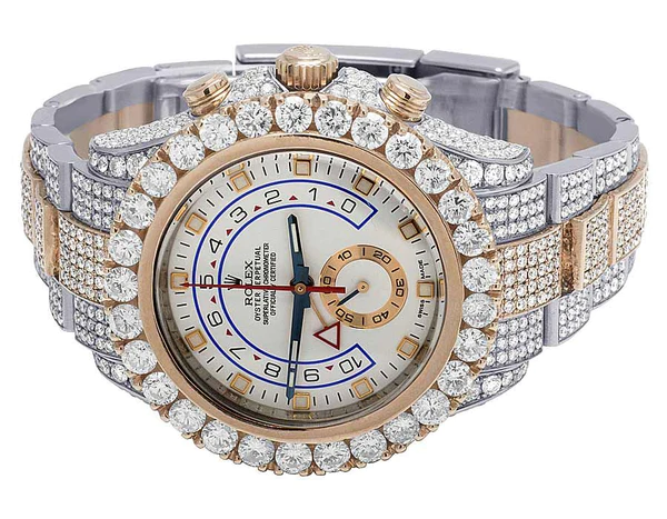 Rolex Yatch Master Round VVS Diamond Iced Out Men Watch, White 42mm Dial Rose & White Gold 2 Tone Plated Stainless Steel Men Watch For Gift, Fully Iced Out Birthday Gift Watch For Him