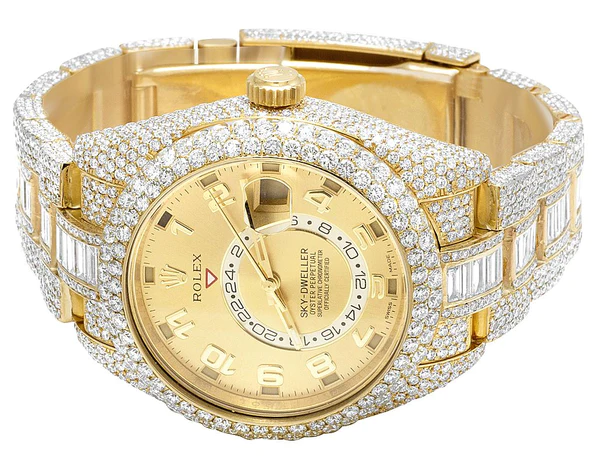 Rolex Sky Dweller Baguette & Round VVS Diamond Men Watch, 42mm Dial Yellow & White Gold 2 Tone Plated Stainless Steel Men Watch For Gift, Fully Iced Out Birthday Gift Watch For Him