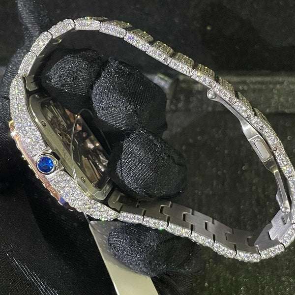 Cartier Santos Skeleton VVS Diamond Men Watch, Stainless Steel White & Rose Gold Plated Men Watch For Birthday Gift