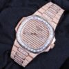 Patek Philippe Geneve Round & Baguette VVS Diamond Men Automatic Watch, Rose Gold Plated Full Iced Out Men Watch For Birthday Gift