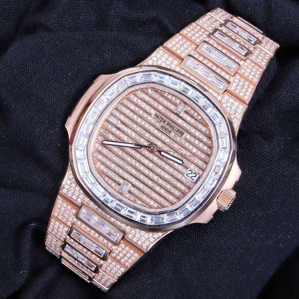 Patek Philippe Geneve Round & Baguette VVS Diamond Men Automatic Watch, Rose Gold Plated Full Iced Out Men Watch For Birthday Gift