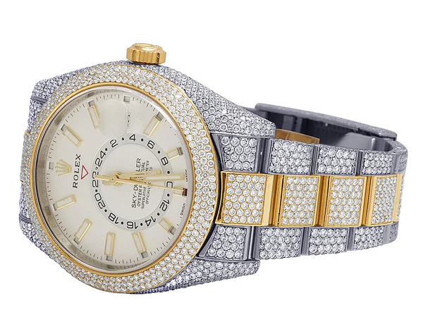 Rolex Sky Dweller Round VVS Diamond Men Watch, 42mm Dial Yellow & White Gold 2 Tone Plated Stainless Steel Men Watch For Gift, Fully Iced Out Birthday Gift Watch For Him