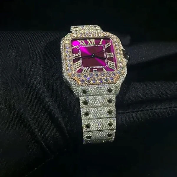 Cartier Santos VVS Diamond Men Watch, Round Customized VVS Diamond Men Wrist Watch, Stainless Steel Automatic Diamond Watch For Men