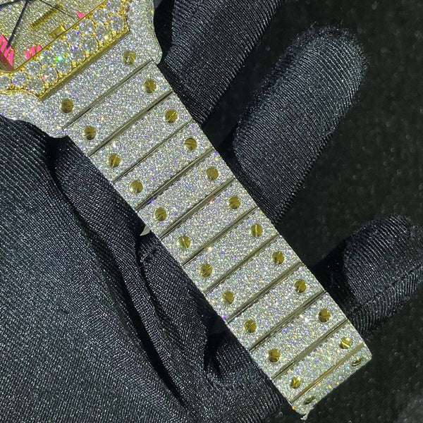 Cartier Santos VVS Diamond Iced Out Men Watch, Stainless Steel 2 Tone Gold Plated Men Watch For Birthday Gift