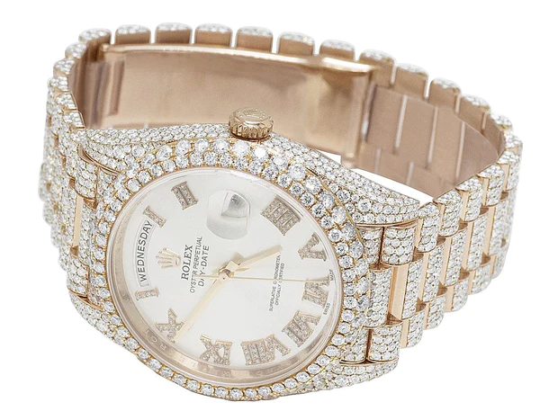 Rolex Jubilee Datejust Round VVS Diamond Men Watch, White 36mm Dial Rose Gold Plated Stainless Steel Men Watch For Gift, Fully Iced Out Birthday Gift Watch For Him