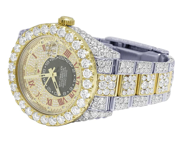 Rolex Sky Dweller Round VVS Diamond Men Watch, 42mm Dial Yellow & White Gold 2 Tone Plated Stainless Steel Men Watch For Gift, Fully Iced Out Birthday Gift Watch For Him