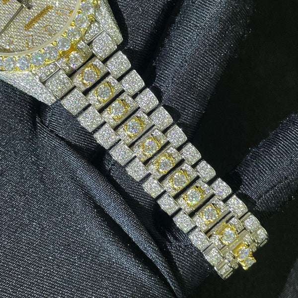 Rolex Daydate VVS Diamond Men Watch, 41mm Dial Yellow Gold Plated Stainless Steel Men Watch For Gift, Fully Iced Out Birthday Gift Watch For Him