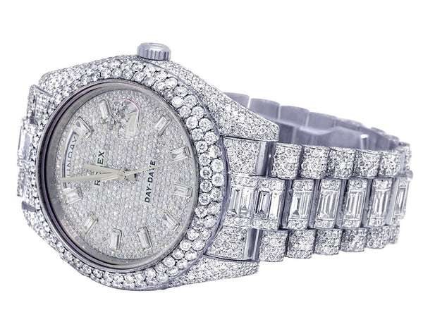 Rolex Datejust Round & Baguette VVS Diamond Men Watch, White 38mm Dial White Gold Plated Stainless Steel Men Watch For Gift, Fully Iced Out Birthday Gift Watch For Him