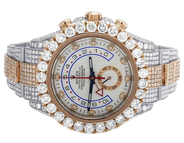 Rolex Yatch Master Round VVS Diamond Iced Out Men Watch, White 42mm Dial Rose & White Gold 2 Tone Plated Stainless Steel Men Watch For Gift, Fully Iced Out Birthday Gift Watch For Him