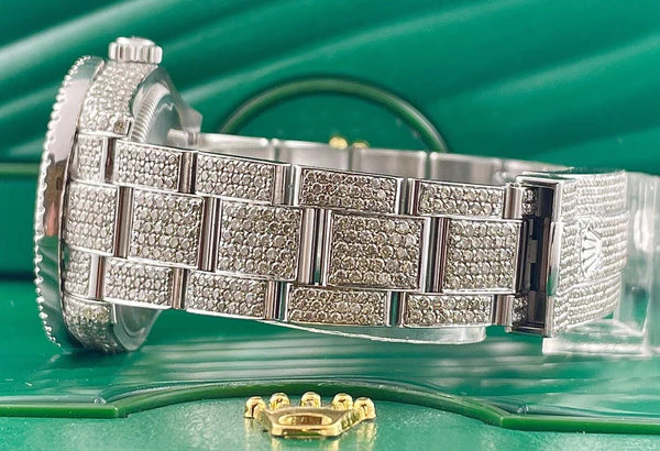 Rolex Datejust Blue Dial White VVS Diamond Iced Out Men Watch, 41mm Dial White Gold Plated Stainless Steel Men Watch For Gift, Fully Iced Out Birthday Gift Watch For Him