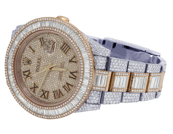 Rolex Datejust Baguette & Round VVS Diamond Men Watch, 40mm Dial Rose & White Gold 2 Tone Plated Stainless Steel Men Watch For Gift, Fully Iced Out Roman Birthday Gift Watch For Him