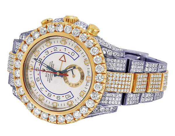 Rolex Yatch Master Round VVS Diamond Iced Out Men Watch, White 42mm Dial Yellow & White Gold 2 Tone Plated Stainless Steel Men Watch For Gift, Fully Iced Out Birthday Gift Watch For Him