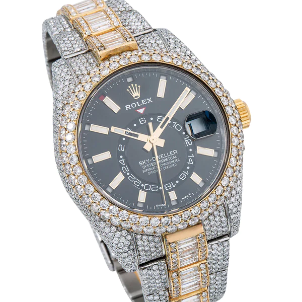 Rolex Sky-Dweller Round & Baguette VVS Diamond Iced Out Men Watch, 41mm Dial Yellow & White Gold Plated Stainless Steel Men Watch For Gift, Fully Iced Out Birthday Gift Watch For Him