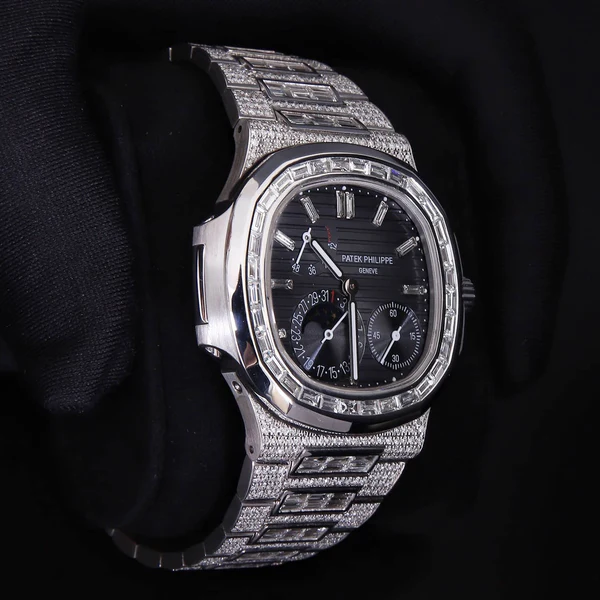 Patek Philippe Geneve Round & Baguette VVS Diamond Men Automatic Watch, White Gold Plated Full Iced Out Men Watch For Birthday Gift