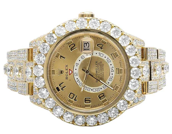 Rolex Sky Dweller Round VVS Diamond Men Watch, Gold 42mm Dial Yellow Gold Plated Stainless Steel Men Watch For Gift, Fully Iced Out Birthday Gift Watch For Him