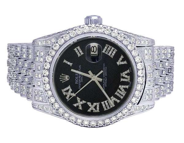 Rolex Datejust Jubilee VVS Diamond Men Watch, Black 40mm Dial White Gold Plated Stainless Steel Men Watch For Gift, Fully Iced Out Birthday Gift Watch For Him