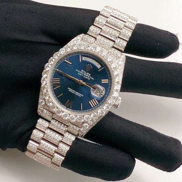 Rolex Jubilee Daydate Blue Dial VVS Diamond Men Watch, 41mm Dial White Gold Plated Stainless Steel Men Watch For Gift, Fully Iced Out Birthday Gift Watch For Him