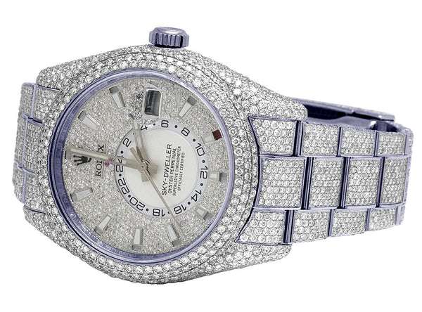 Rolex Sky Dweller Round VVS Diamond Men Watch, 42mm Dial White Gold Plated Stainless Steel Men Watch For Gift, Fully Iced Out Birthday Gift Watch For Him