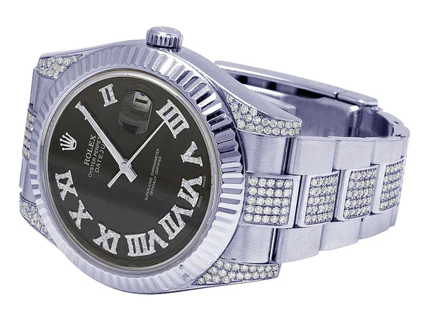 Rolex Datejust Round VVS Diamond Men Watch, Black 40mm Dial White Gold Plated Stainless Steel Men Watch For Gift, Fully Iced Out Birthday Gift Watch For Him