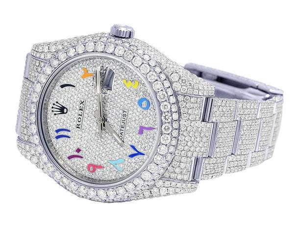 Rolex Datejust Jubilee VVS Diamond Men Watch, Black 36mm Dial White Gold Plated Stainless Steel Men Watch For Gift, Fully Iced Out Arabic Birthday Gift Watch For Him