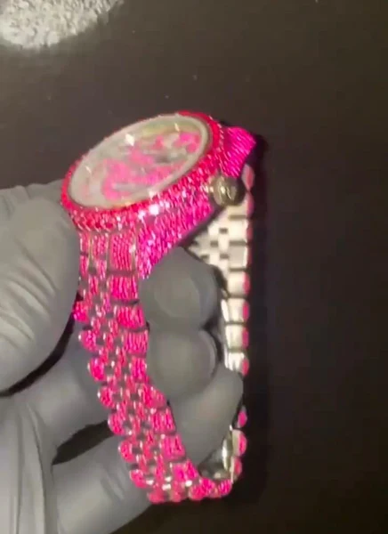 Rolex Datejust Jubilee Pink Sapphire Diamond Men Watch, 41mm Dial Gold Plated Stainless Steel Men Watch For Gift, Fully Iced Out Birthday Gift Watch For Him