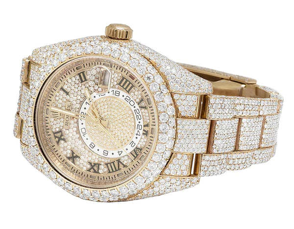 Rolex Sky Dweller Round VVS Diamond Men Watch, 42mm Dial Rose Gold Plated Stainless Steel Men Watch For Gift, Fully Iced Out Birthday Gift Watch For Him