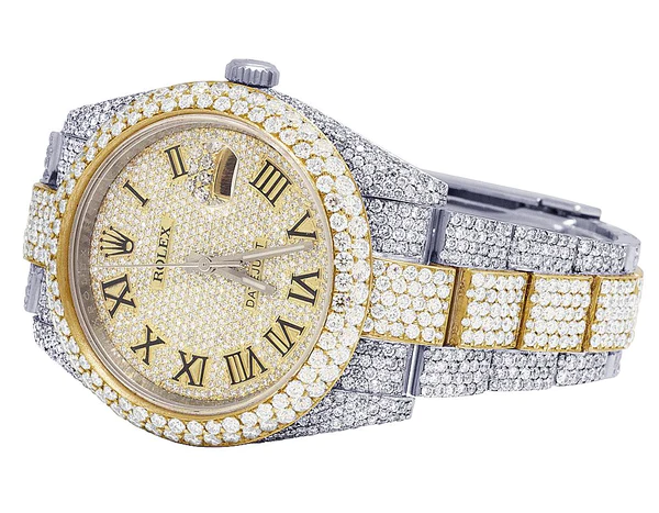 Rolex Datejust Round VVS Diamond Men Watch, 40mm Dial Yellow & White Gold 2 Tone Plated Stainless Steel Men Watch For Gift, Fully Iced Out Roman Birthday Gift Watch For Him